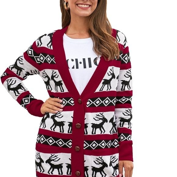 Red Christmas Elk Print Buttoned V Neck Knitted Sweater - Picture 9 of 11